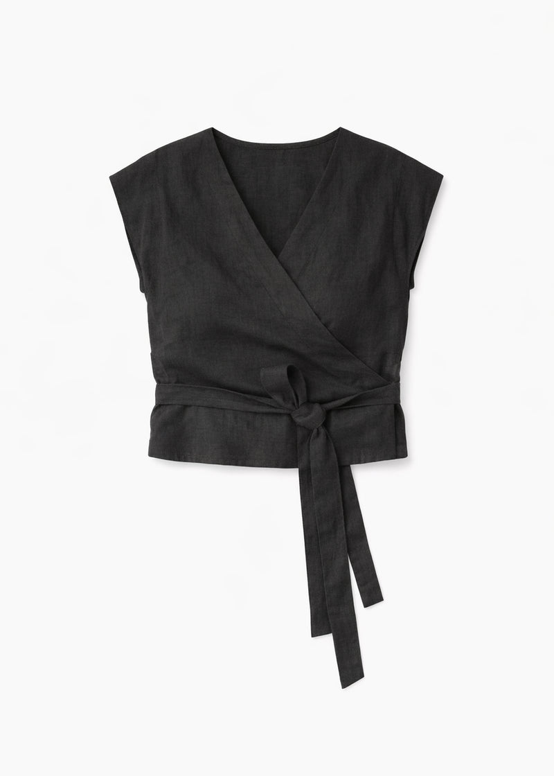 Cropped Drop-Shoulder Linen Wrap Top in Black — flat lay