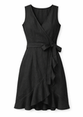 Sleeveless Ruffle-Hem Linen Wrap Dress in Linen in Black — flat lay