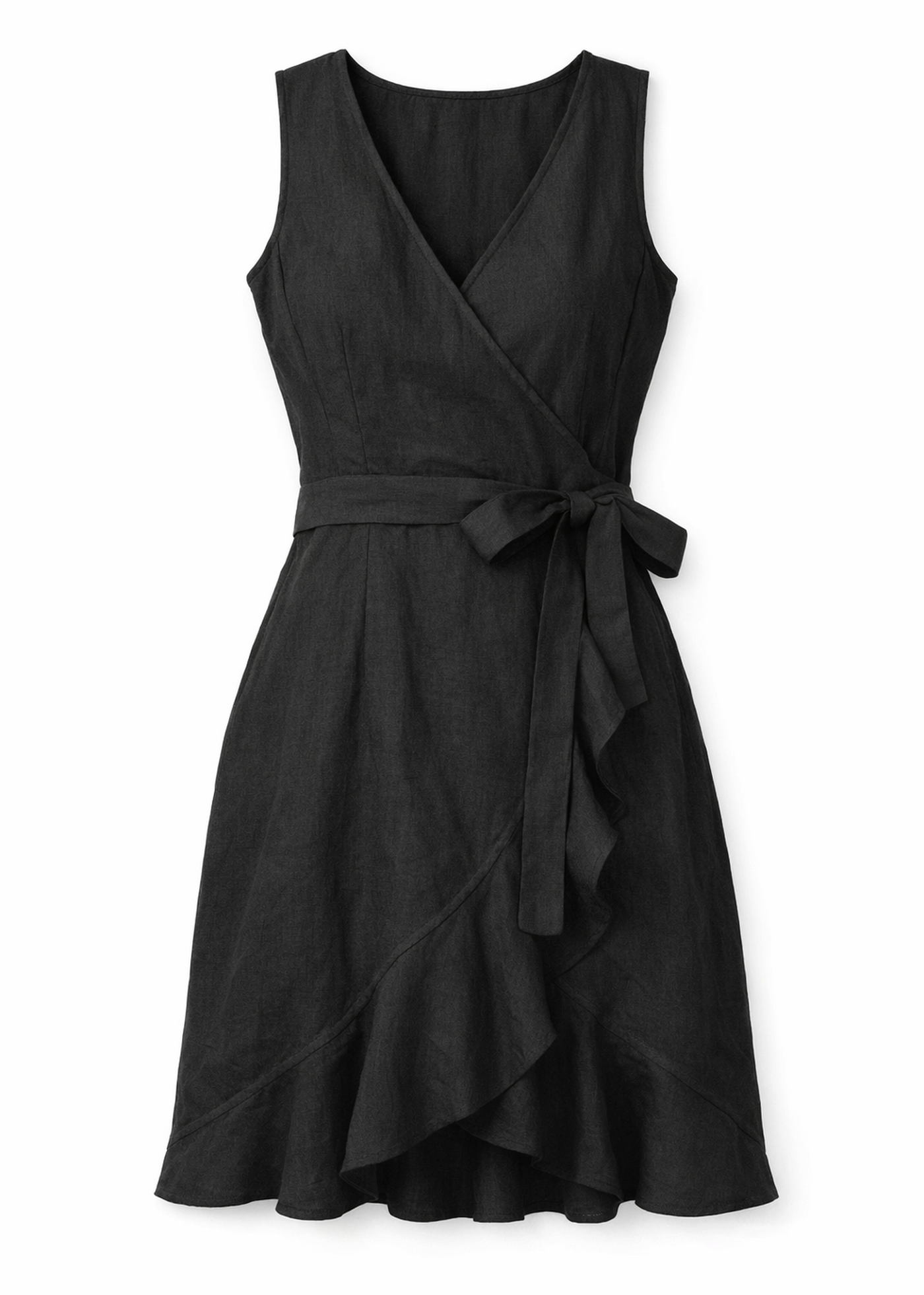 Sleeveless Ruffle-Hem Linen Wrap Dress in Linen in Black — flat lay