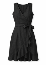 Sleeveless Ruffle-Hem Linen Wrap Dress in Linen in Black — flat lay