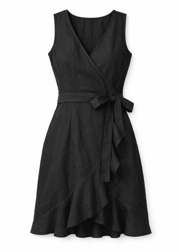 Sleeveless Ruffle-Hem Linen Wrap Dress in Linen in Black — flat lay