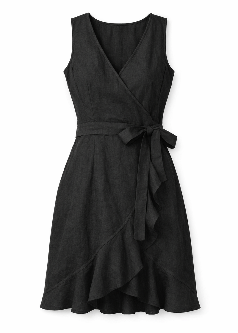 Sleeveless Ruffle-Hem Linen Wrap Dress in Linen in Black — flat lay