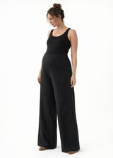 Wide-Leg Shirred-Back Pull-On Linen Trousers in Linen in Black — on model