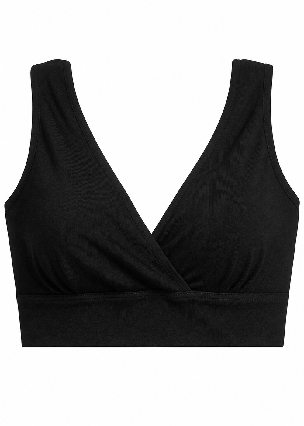 Wide-Strap Crossover Nursing Bra in Linen in Black — flat lay