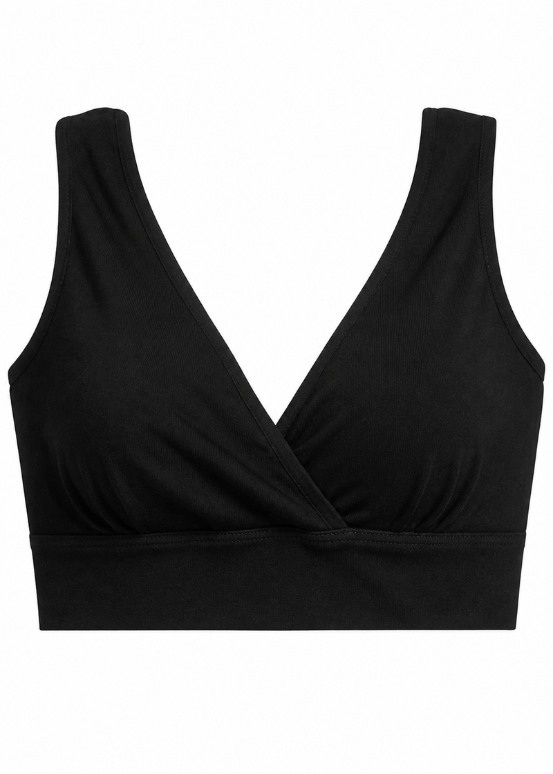 Wide-Strap Crossover Nursing Bra in Linen in Black — flat lay