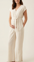 Linen Maternity & Nursing Jumpsuit in Natural — on model