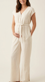 Linen Maternity & Nursing Jumpsuit in Natural — on model