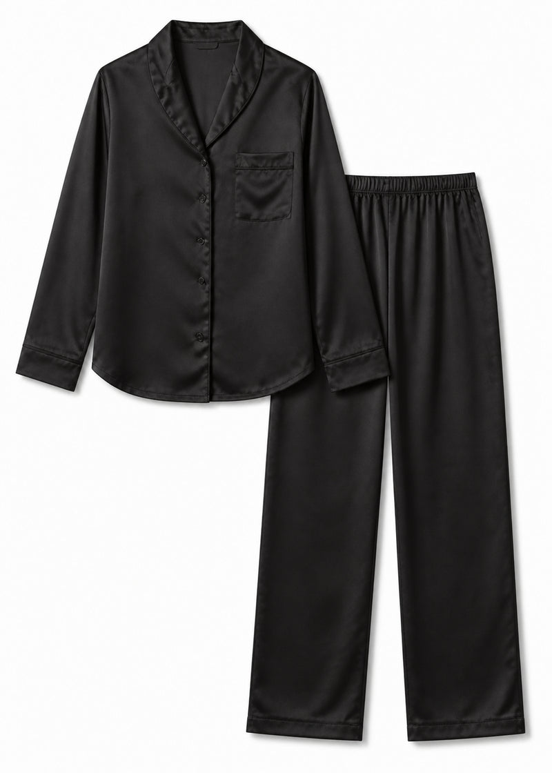 Floral Notch-Collar Pajama Set in Black - flat lay