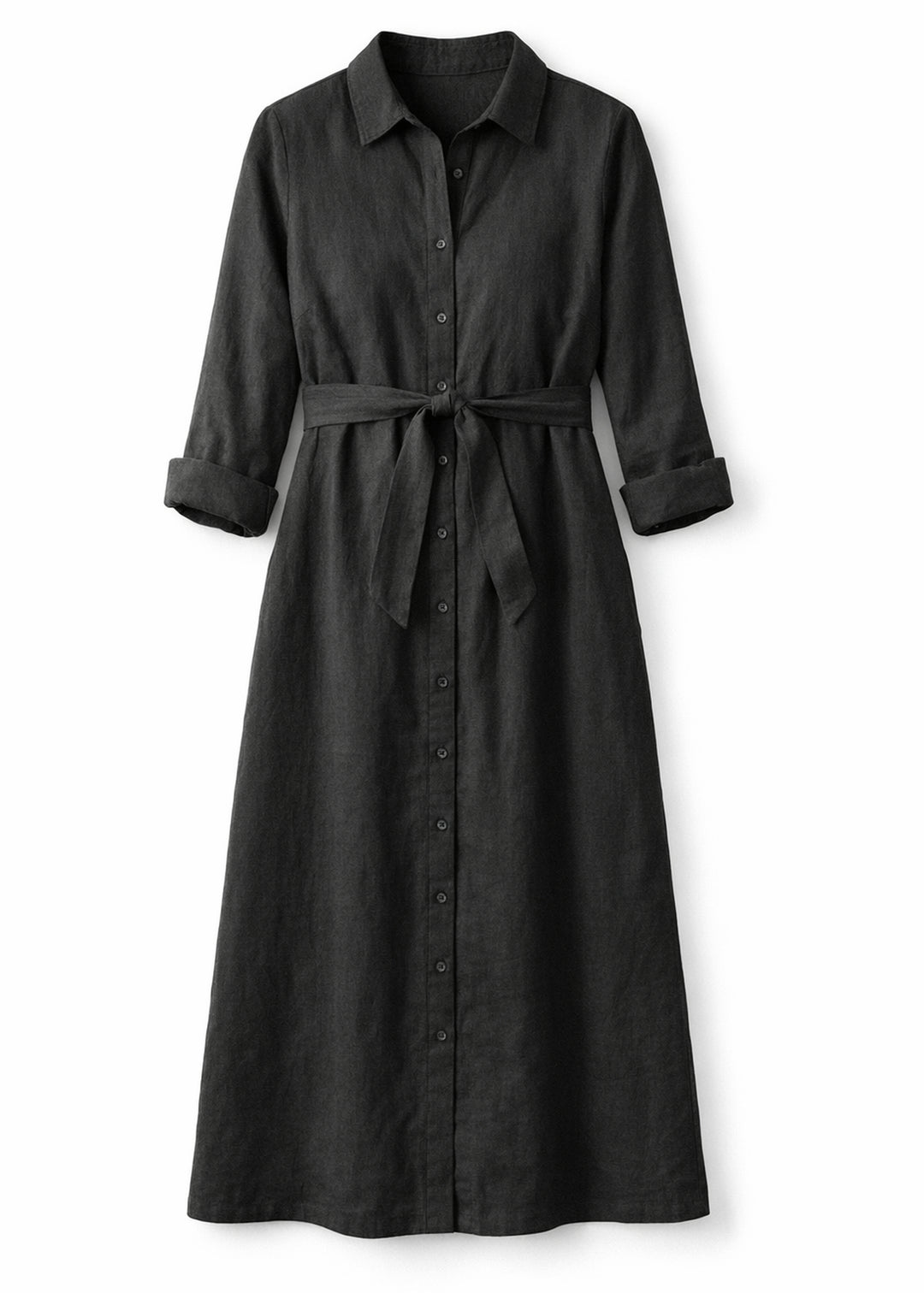 Button-Front Belted Nursing Linen Midi Shirtdress in Linen in Black — flat lay