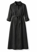 Button-Front Belted Nursing Linen Midi Shirtdress in Linen in Black — flat lay