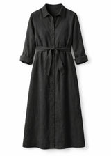 Button-Front Belted Nursing Linen Midi Shirtdress in Linen in Black — flat lay