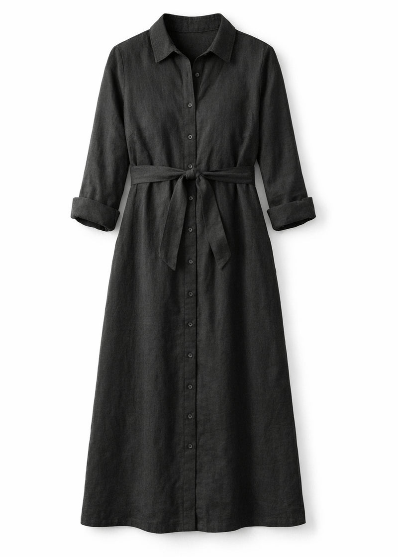 Button-Front Belted Nursing Linen Midi Shirtdress in Linen in Black — flat lay