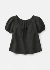 Tie-Neck Puff-Sleeve Cropped Linen Blouse in Linen in Black — flat lay