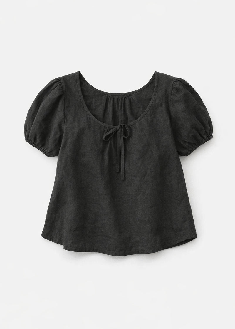 Tie-Neck Puff-Sleeve Cropped Linen Blouse in Linen in Black — flat lay
