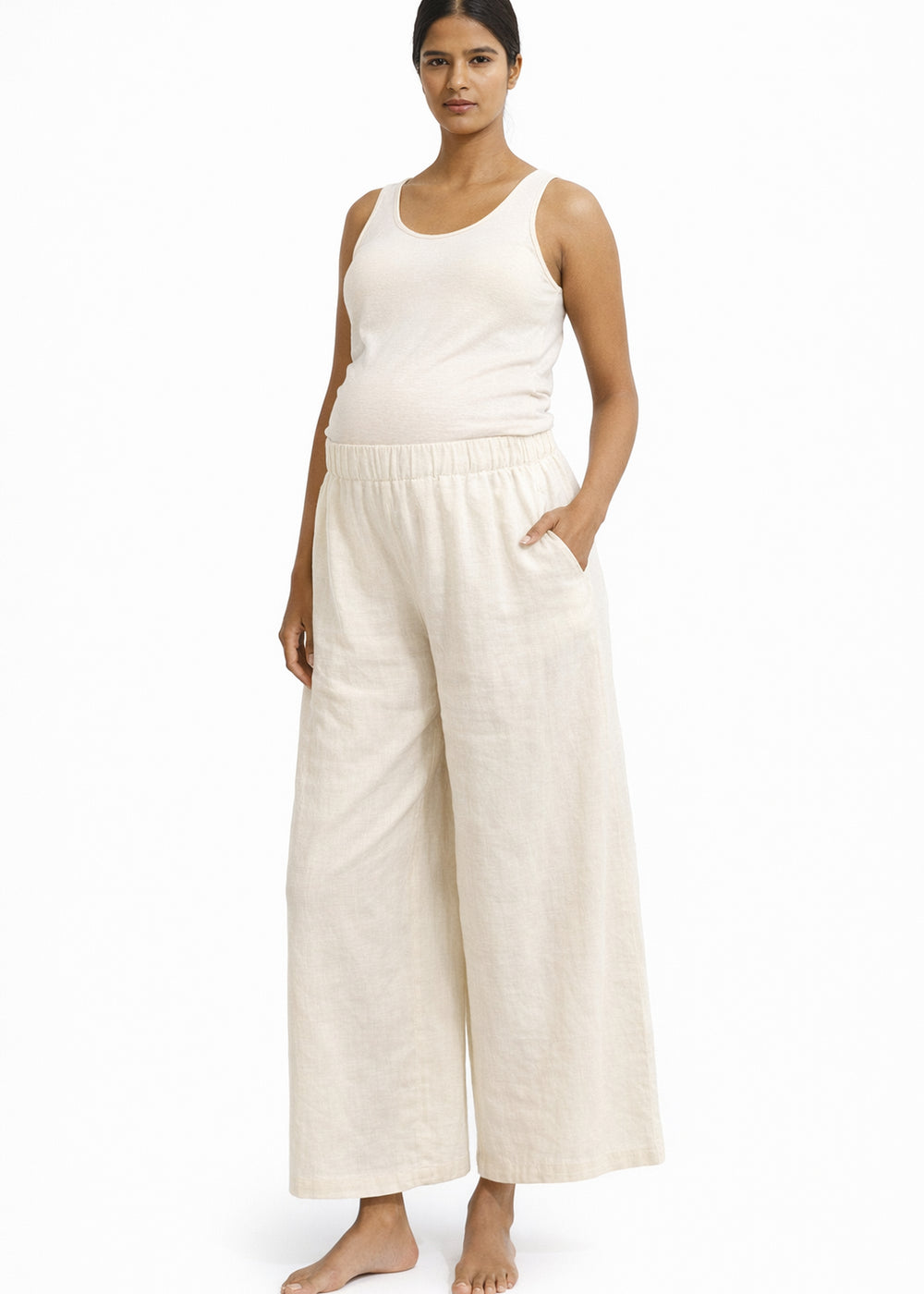 High-Rise Wide-Leg Linen Maxi Culottes in Linen in Natural — on model