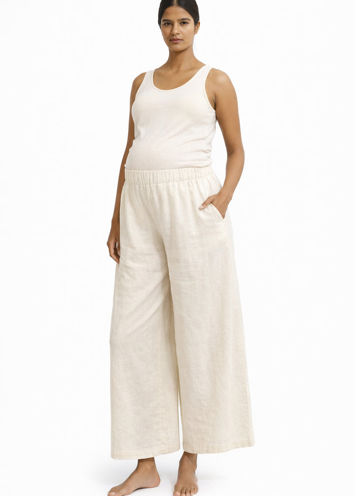 High-Rise Wide-Leg Linen Maxi Culottes in Linen in Natural — on model