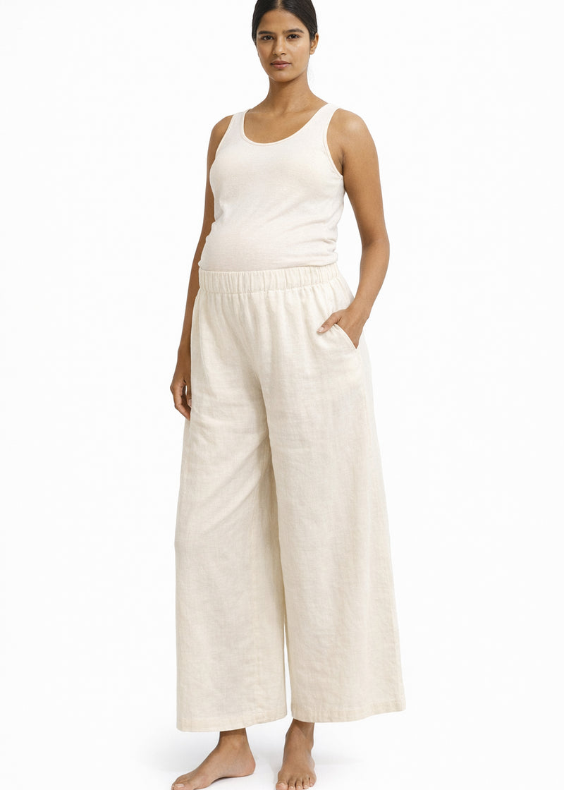 High-Rise Wide-Leg Linen Maxi Culottes in Linen in Natural — on model