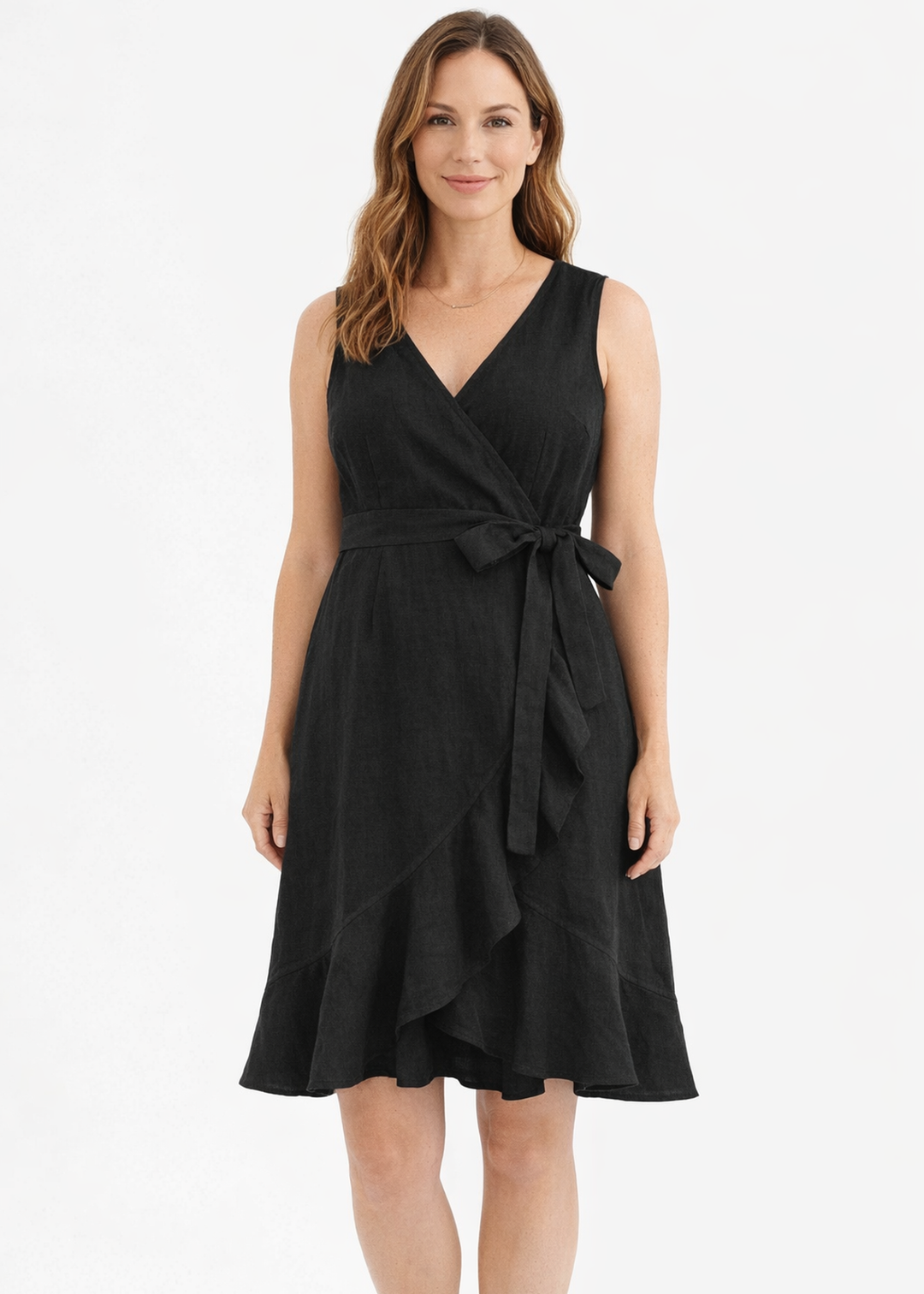 Sleeveless Ruffle-Hem Linen Wrap Dress in Linen in Black — on model