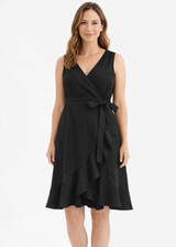 Sleeveless Ruffle-Hem Linen Wrap Dress in Linen in Black — on model