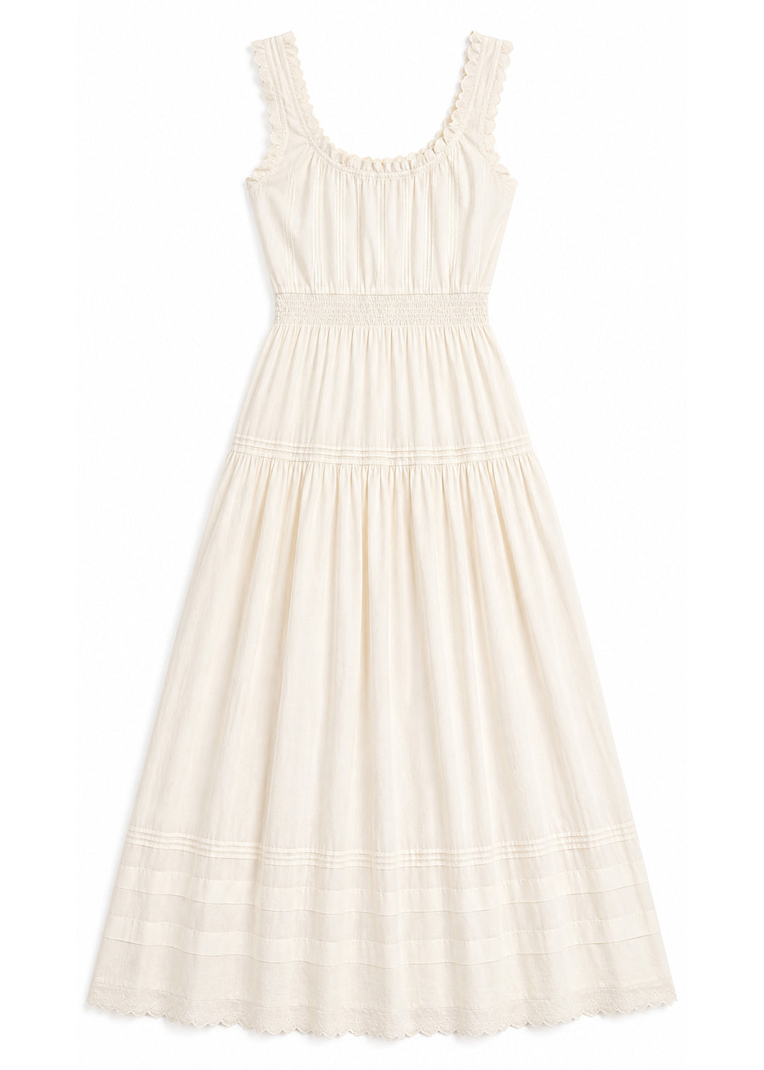 Ruched Strap Smocked Maxi Dress in Cotton in Natural — flat lay