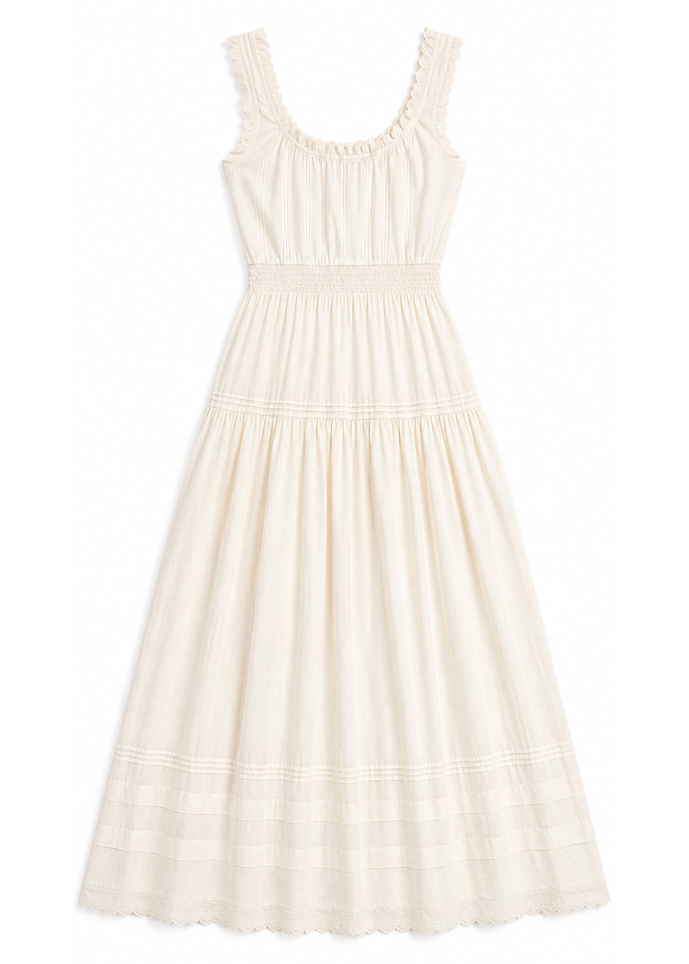 Ruched Strap Smocked Maxi Dress in Cotton in Natural — flat lay