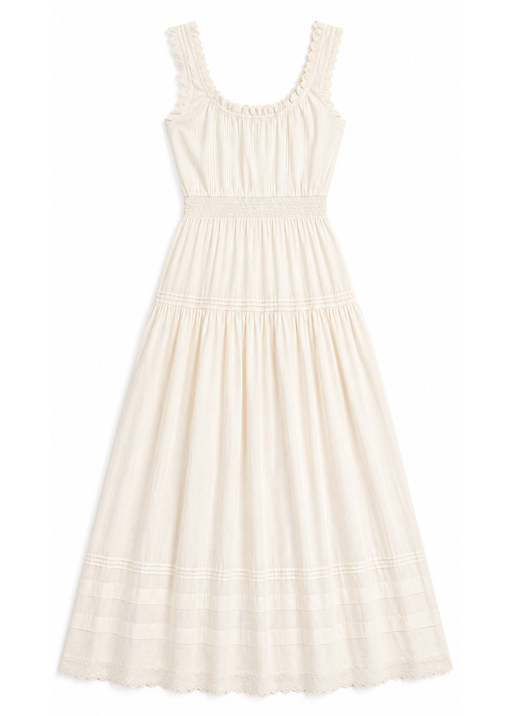 Ruched Strap Smocked Maxi Dress in Cotton in Natural — flat lay