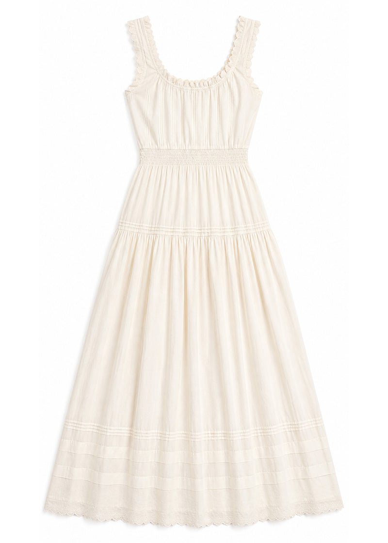 Ruched Strap Smocked Maxi Dress in Cotton in Natural — flat lay