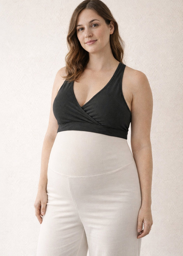 Racerback Nursing Sleep Bra in Black — on model, front