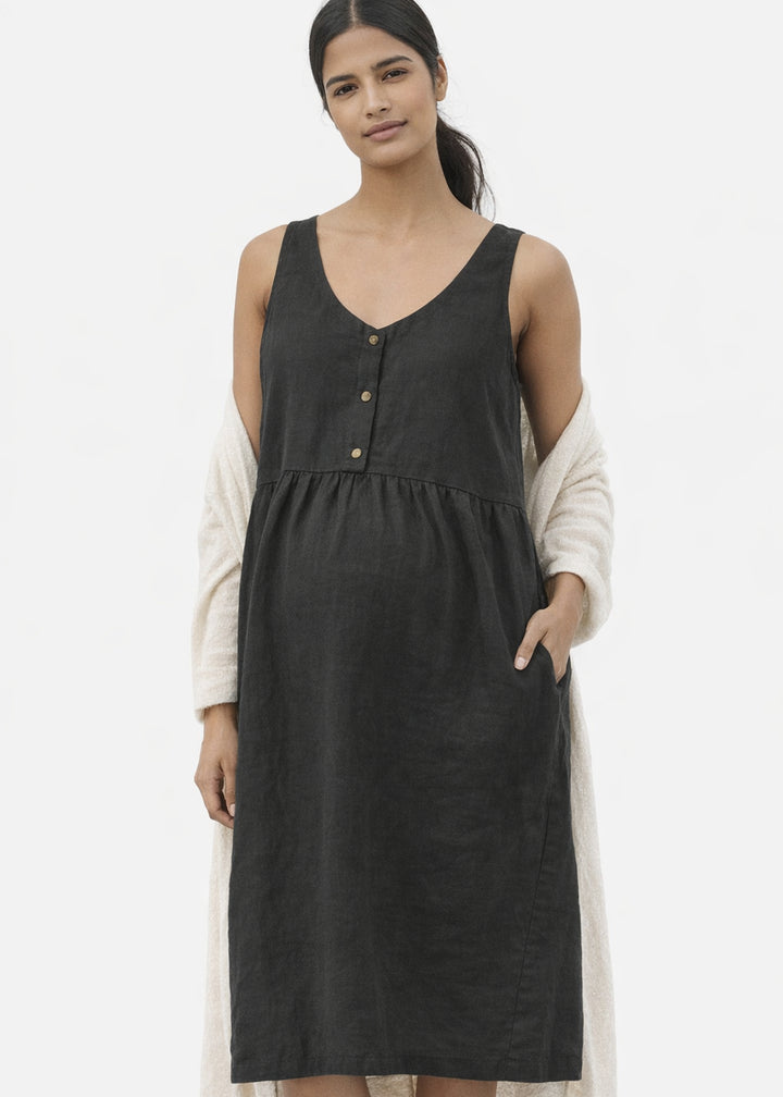 Sleeveless Brass-Snap Gathered Linen Midi Dress in Linen in Black — on model