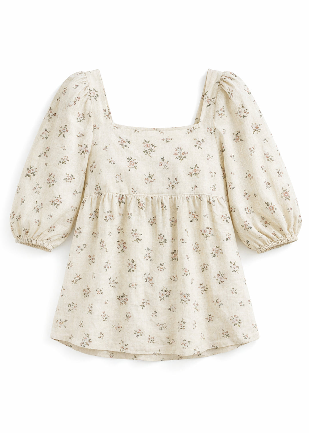 Puff-Sleeve Square-Neck Shirred-Back Floral Linen Blouse in Linen in Cream Floral — flat lay