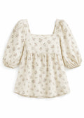 Puff-Sleeve Square-Neck Shirred-Back Floral Linen Blouse in Linen in Cream Floral — flat lay