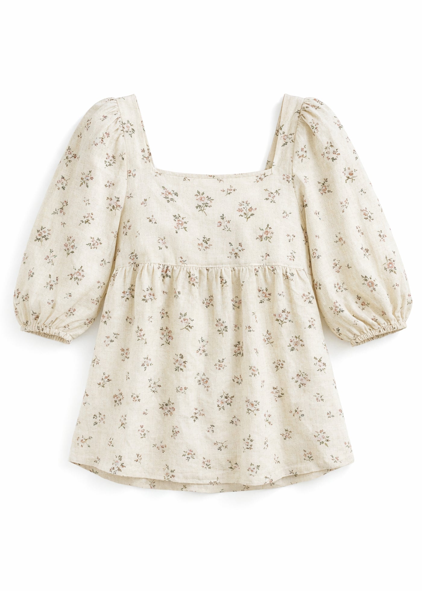 Puff-Sleeve Square-Neck Shirred-Back Floral Linen Blouse in Linen in Cream Floral — flat lay