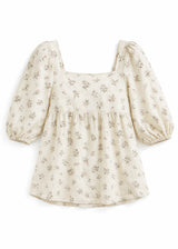 Puff-Sleeve Square-Neck Shirred-Back Floral Linen Blouse in Linen in Cream Floral — flat lay