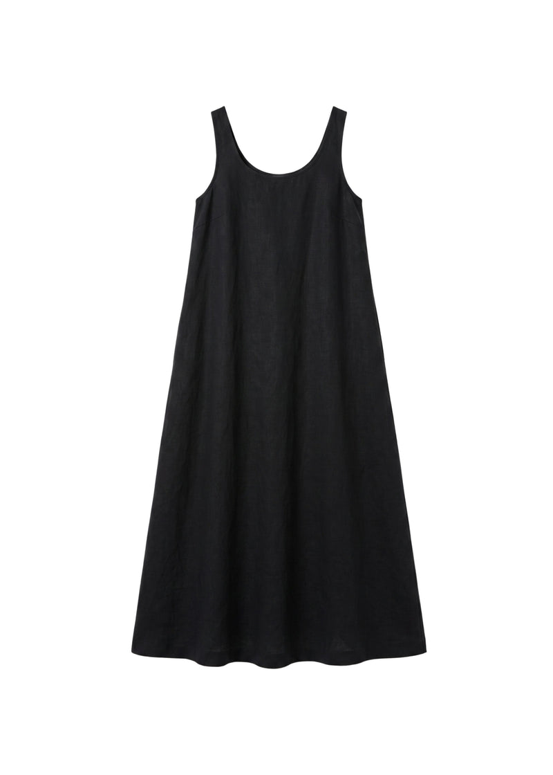 Sleeveless Organic Linen Maxi Dress in Linen in Black — flat lay