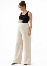 Wide-Leg Shirred-Back Pull-On Linen Trousers in Linen in Natural — on model