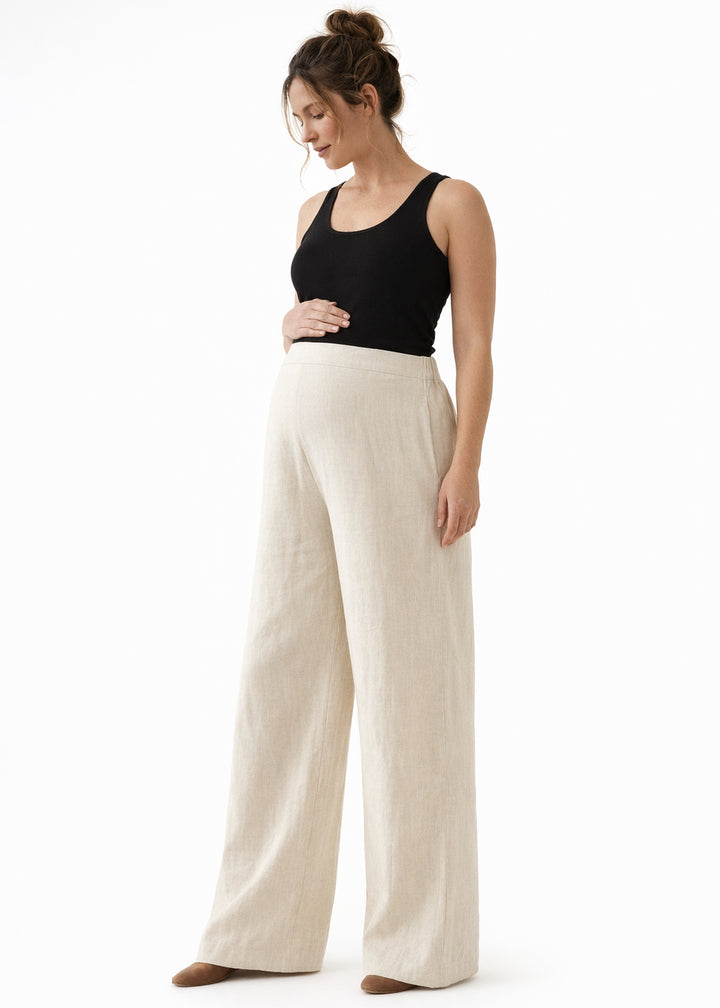 Wide-Leg Shirred-Back Pull-On Linen Trousers in Linen in Natural — on model