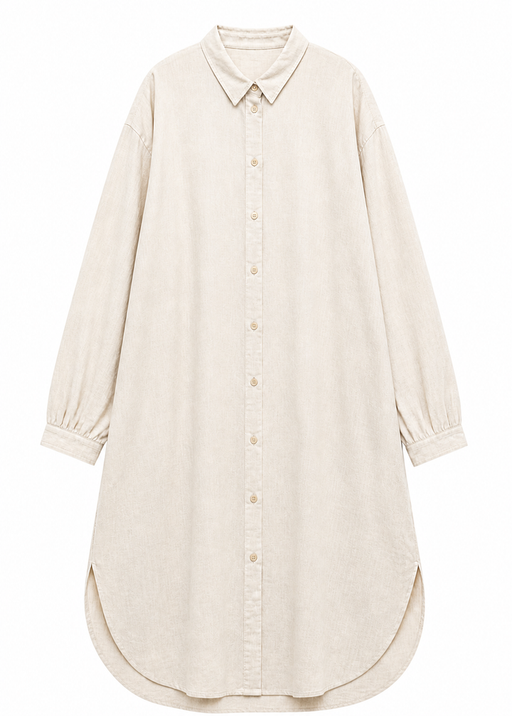 Gingham Long-Sleeve Shirt Dress in Linen in Natural — flat lay