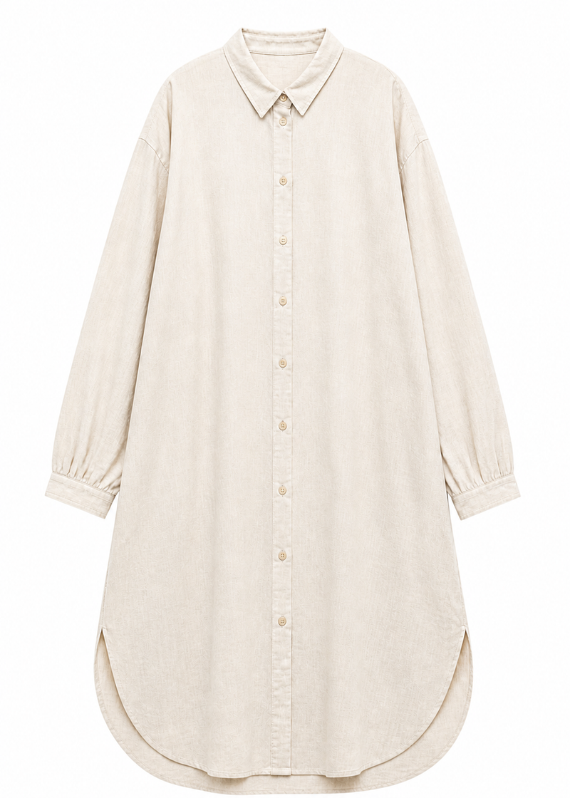 Gingham Long-Sleeve Shirt Dress in Linen in Natural — flat lay