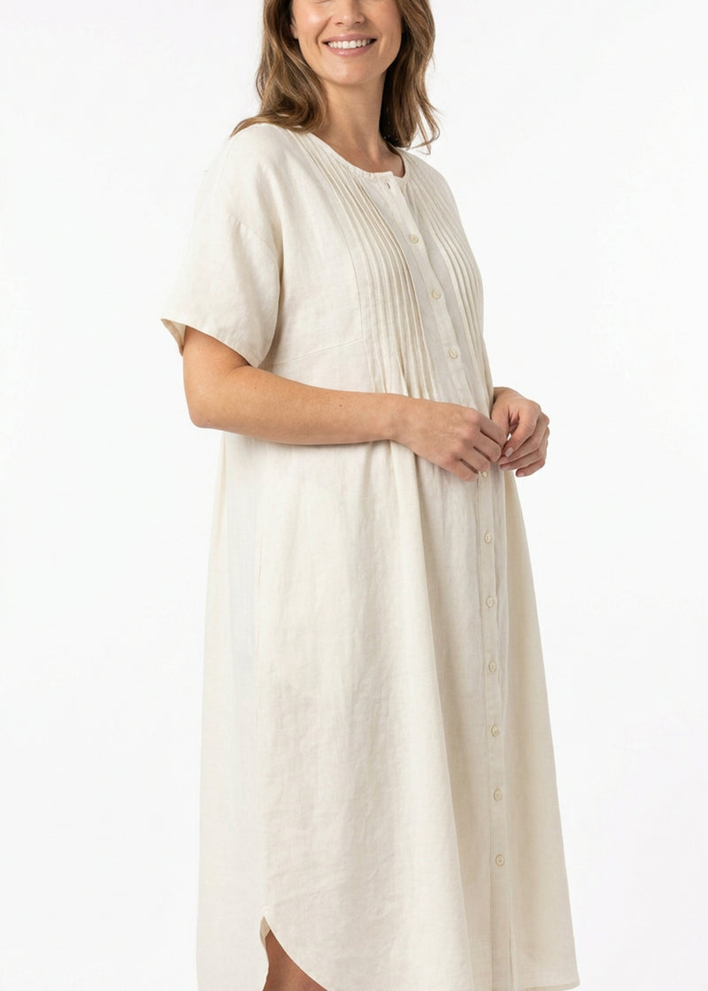 Pleated Button-Front Linen Midi Dress in Linen in Natural — on model