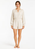 Gathered-Neck Button-Front Sleep Romper in Natural - on model