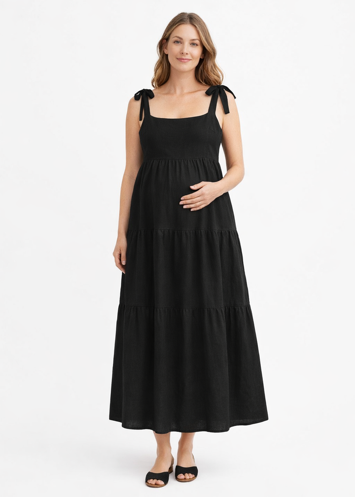 Tiered Tie-Strap Linen Maternity Maxi Dress in Linen in Black — on model