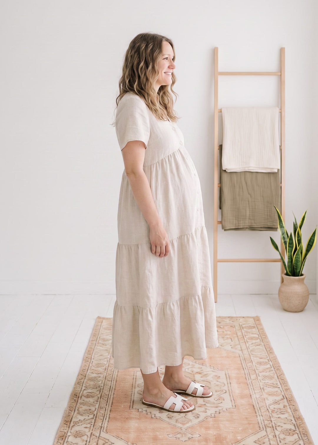 Flutter-Sleeve Tiered Linen Maxi Dress in Linen in Natural — on model