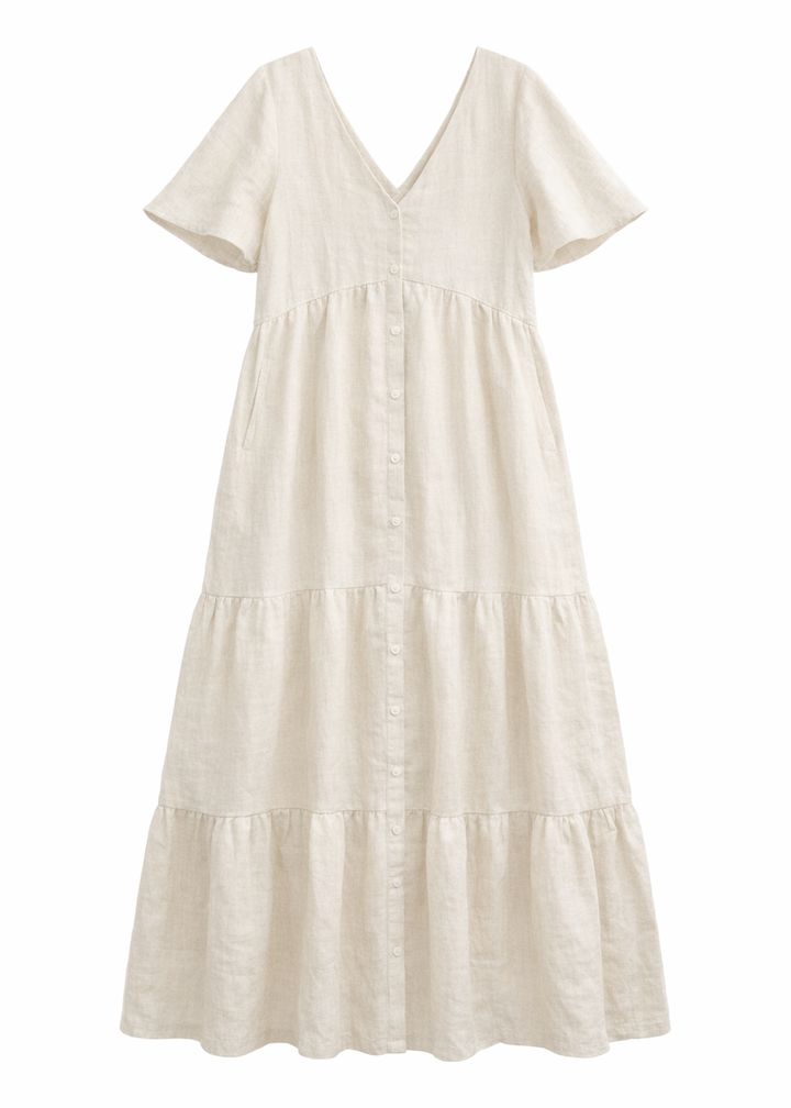 Flutter-Sleeve Tiered Linen Maxi Dress in Linen in Natural — flat lay