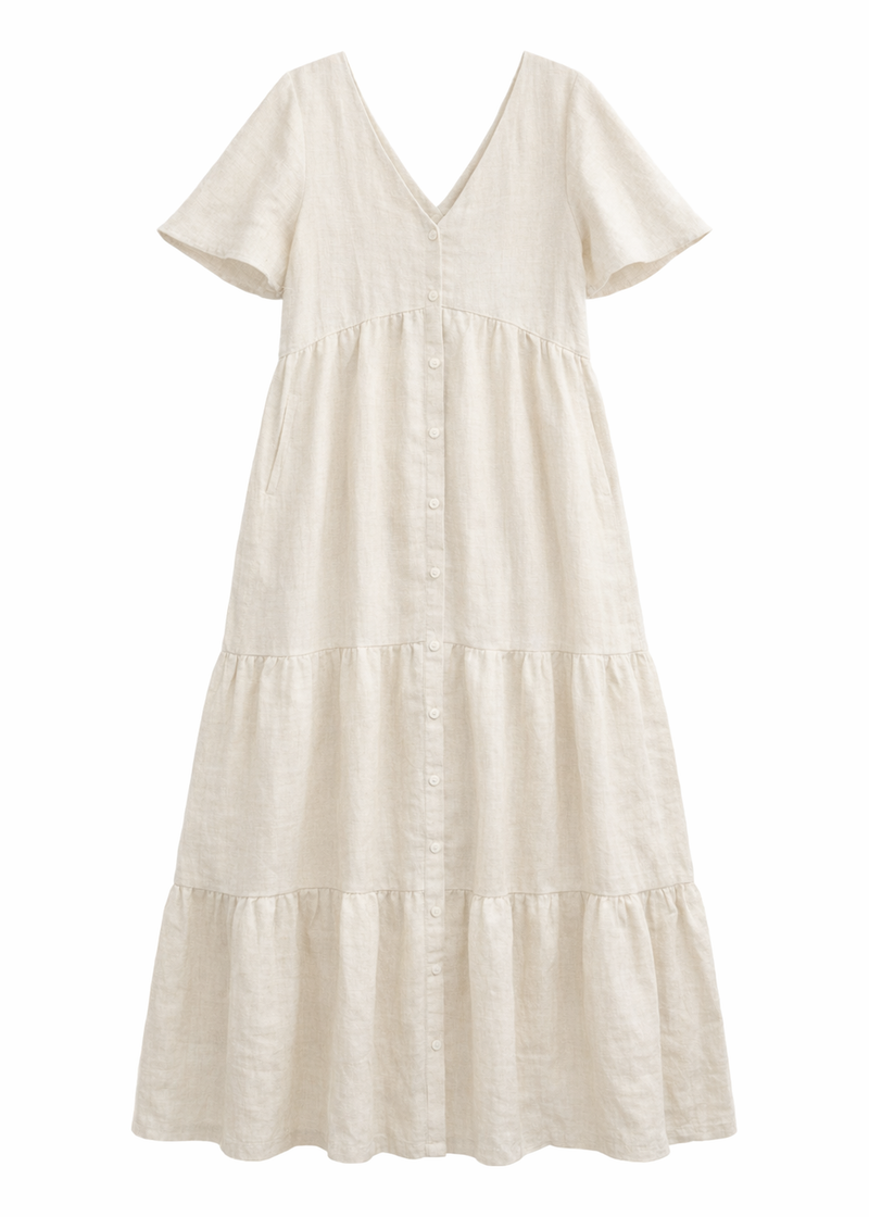 Flutter-Sleeve Tiered Linen Maxi Dress in Linen in Natural — flat lay