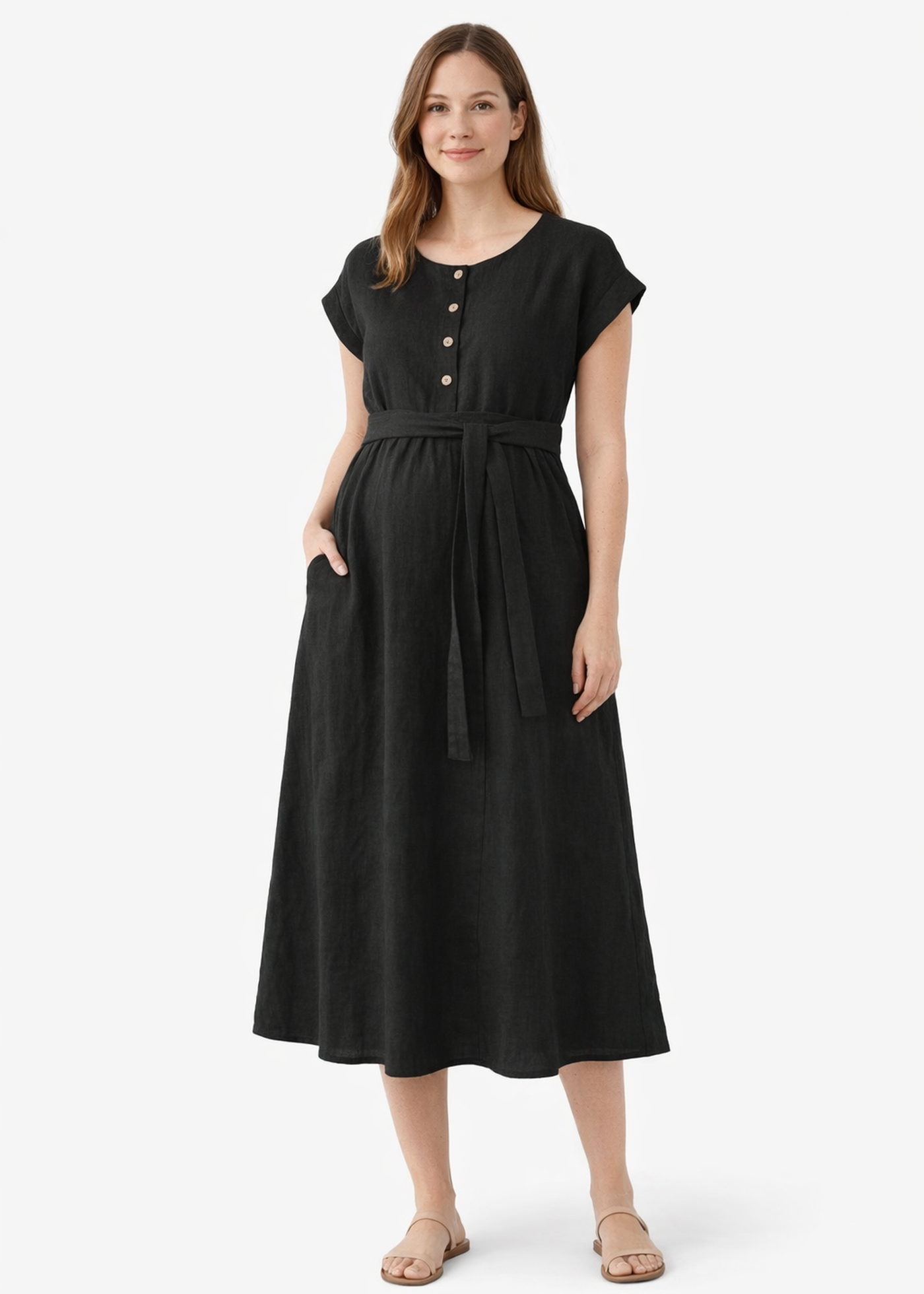 Belted Button-Front Linen Nursing Midi Dress in Linen in Black — on model