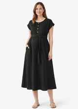 Belted Button-Front Linen Nursing Midi Dress in Linen in Black — on model