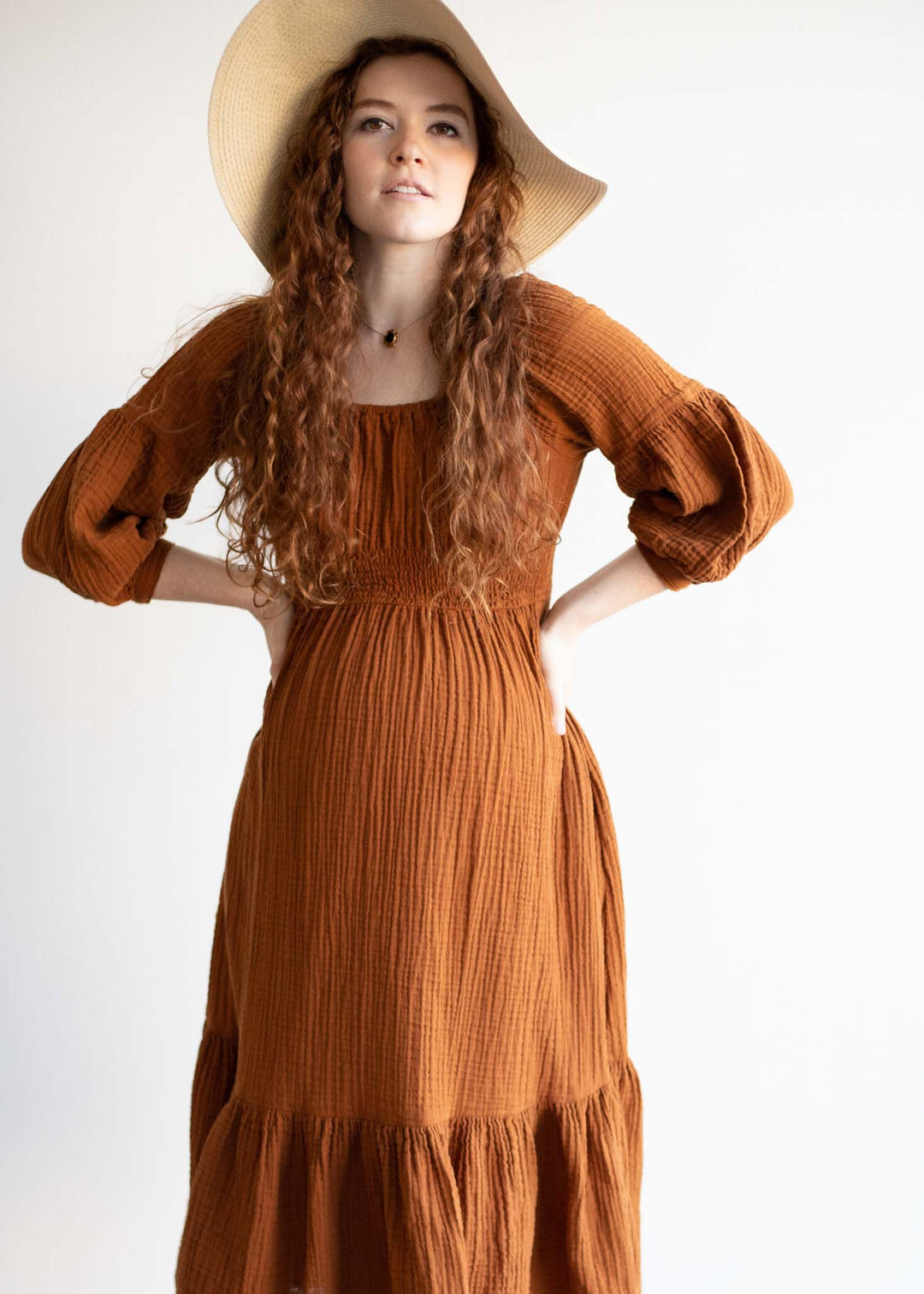 The Eliza Dress in Cinnamon, Smocked Elastic Dress