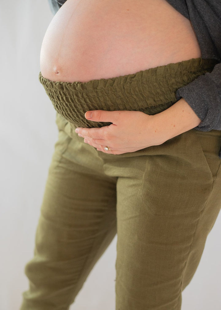 Smocked Linen Pants Olive- Comfortable Pants for Third Trimester 